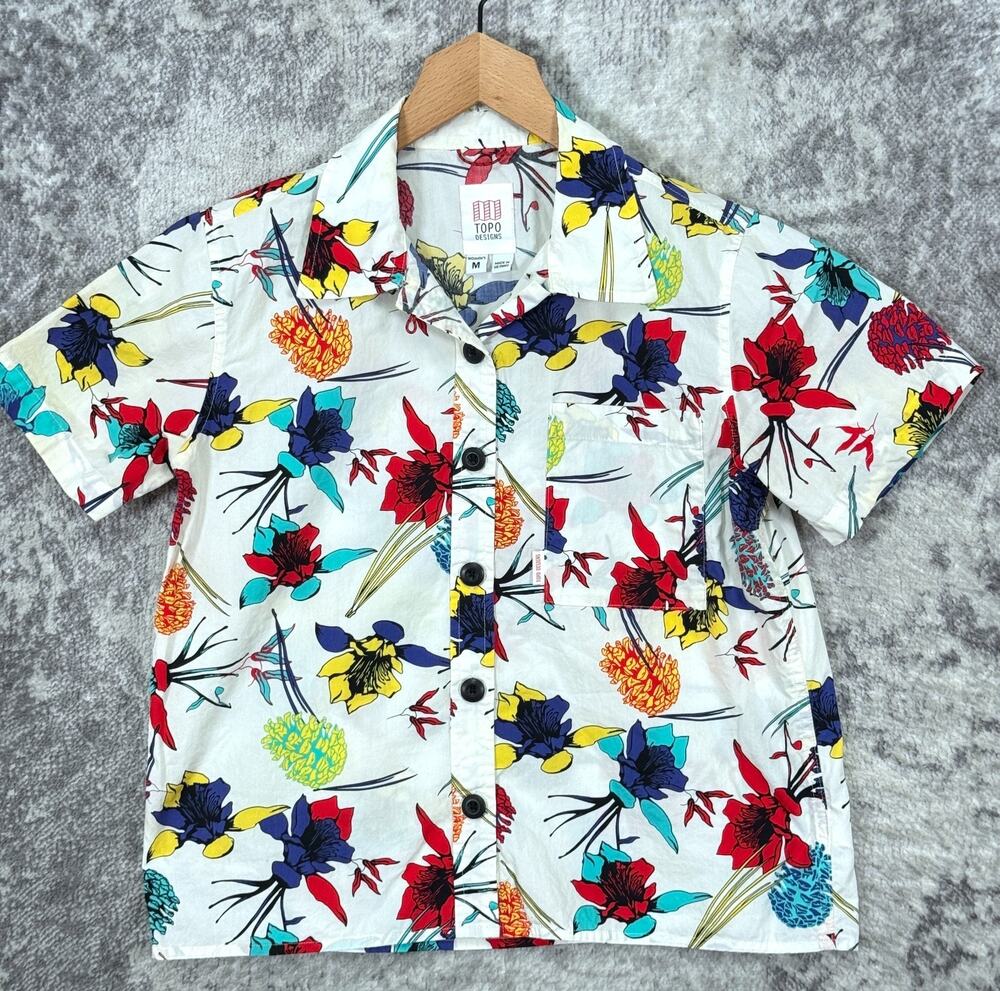 Topo Designs Shirt Medium Womens Organic Cotton Floral Camp Collar Button Up